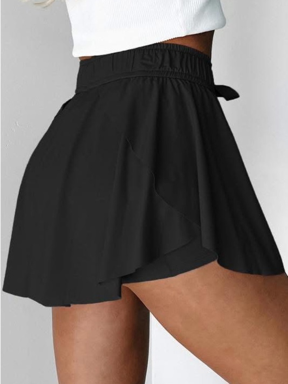 Women's Black Ruffle Drawstring Shorts - Picture 2 of 3